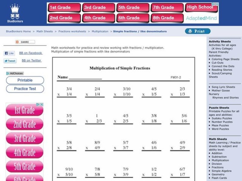 Multiplication Of Simple Fractions Worksheet