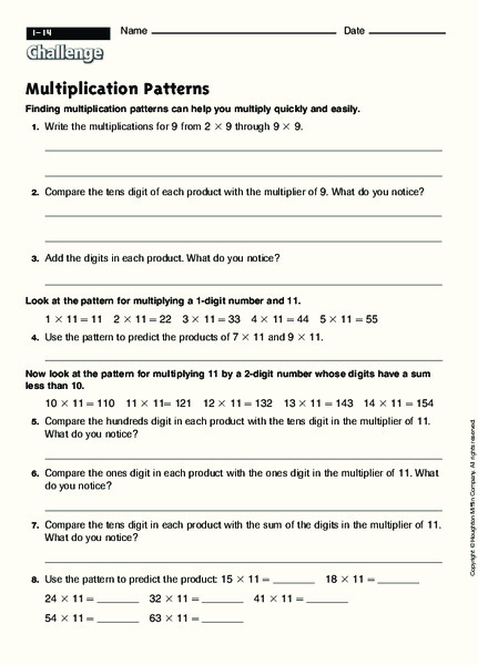 Multiplication Patterns Worksheet