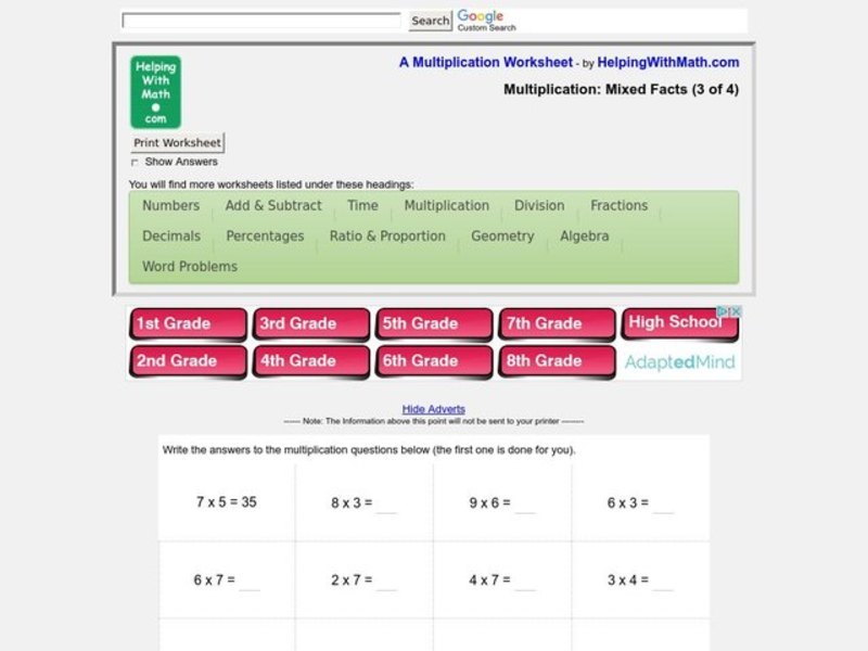 Multiplication Practice Worksheet