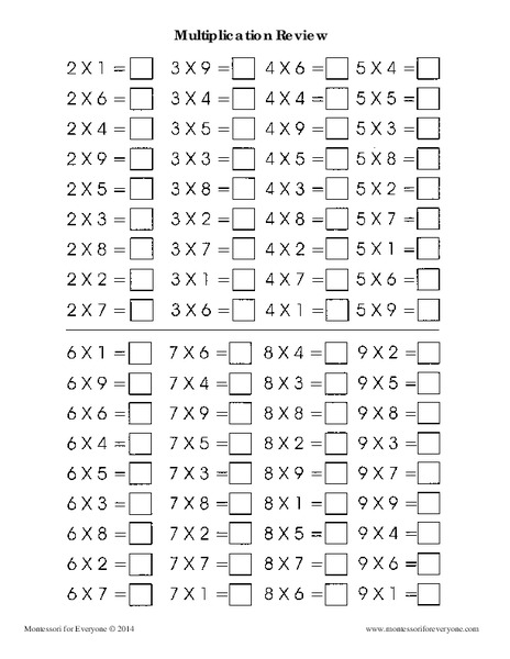 Multiplication Review Worksheet