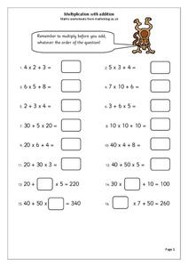 Multiplication With Addition Worksheet