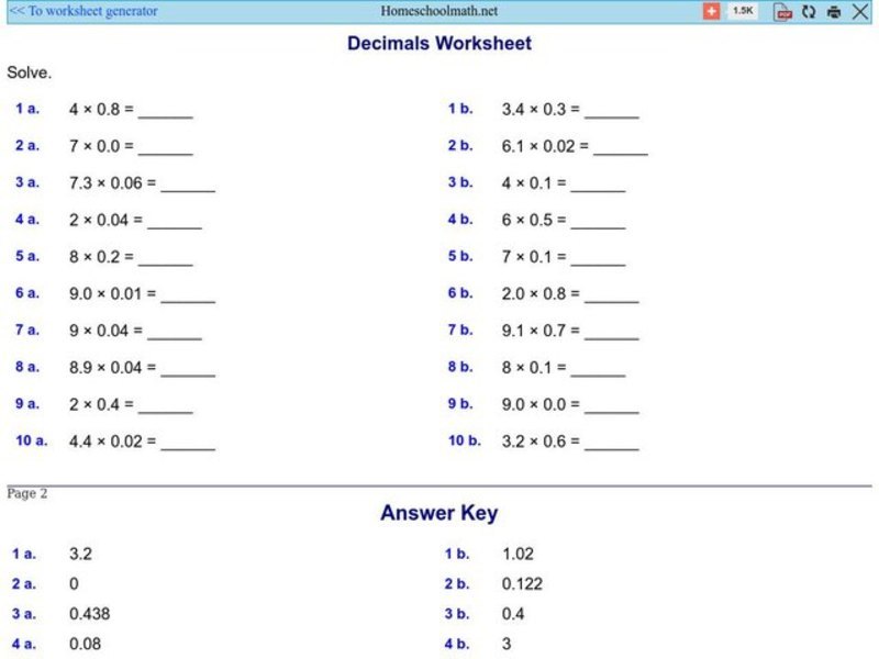 Multiplication with Decimals Worksheet