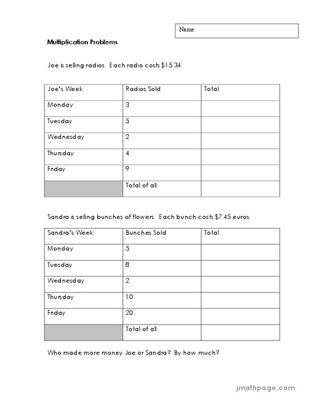 Multiplication Word Problems Worksheet