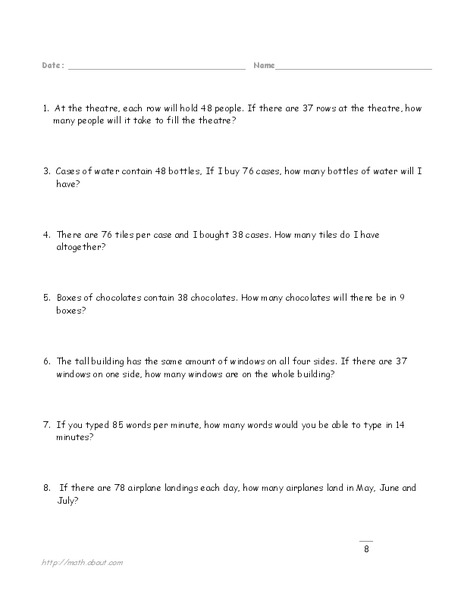 Multiplication Word Problems Worksheet