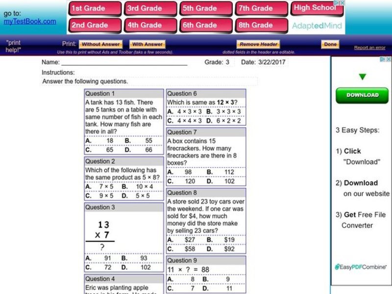 Multiplication Word problems Worksheet