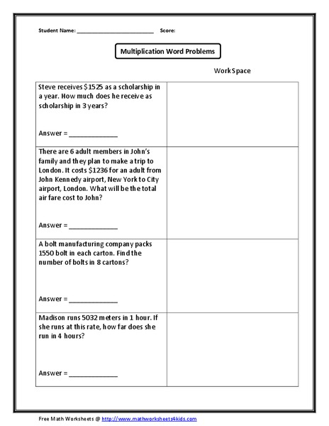 Multiplication Word Problems Worksheet