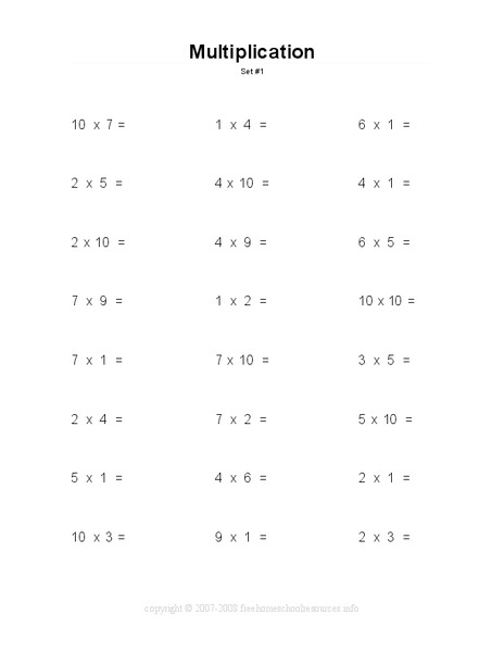 Multiplication: numbers to 10 Worksheet