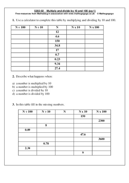 Multiply and Divide by 10 and 100 Worksheet