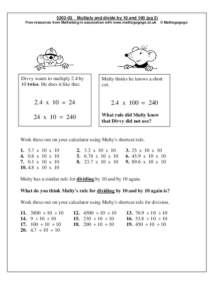 Multiply and divide by 10 and 100 Worksheet
