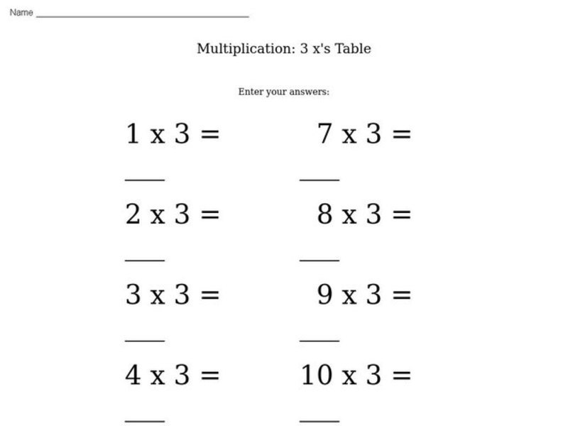 Multiplication: 3 x's Table Worksheet