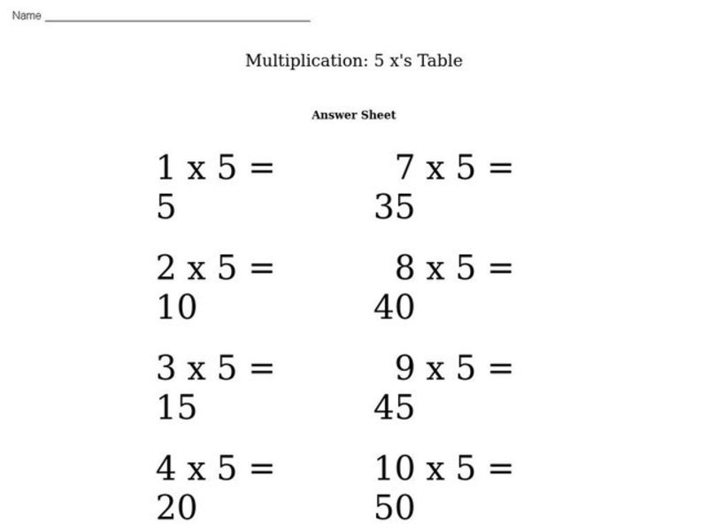 Multiplication: 5 x's Table Worksheet