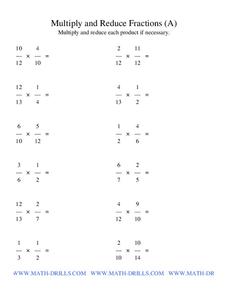 Multiply and Reduce Fractions Worksheet