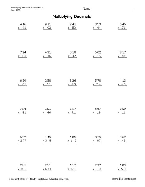 Multiply Decimals Worksheet