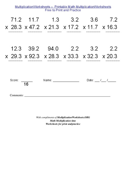 Multiply Decimals Worksheet