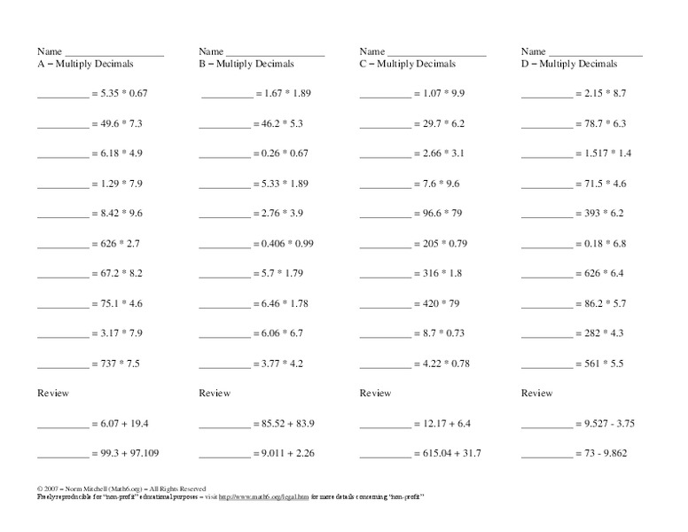 Multiply Decimals Worksheet