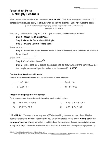 Multiply Decimals Worksheet