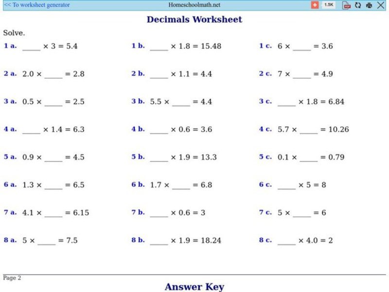 Multiply Decimals Worksheet