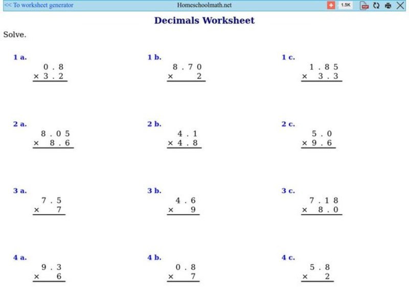 Multiply Decimals Worksheet