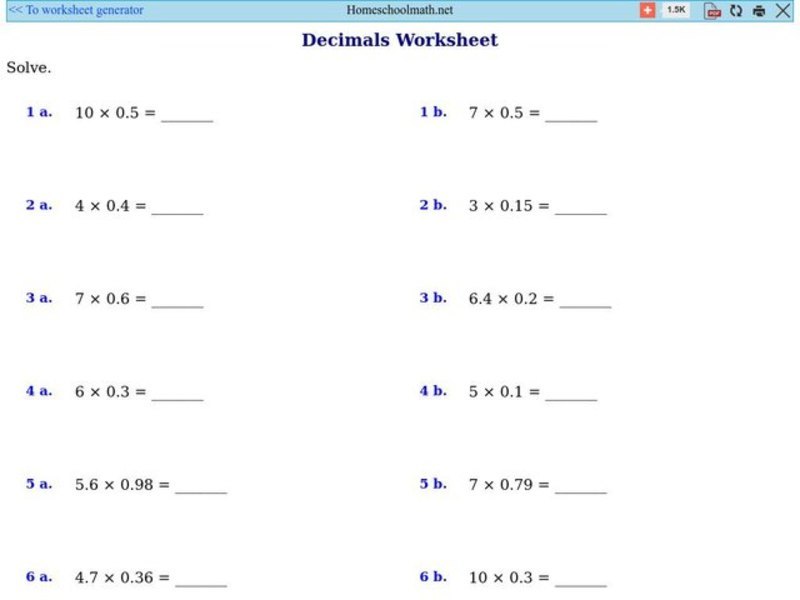Multiply Decimals by Whole Numbers Worksheet