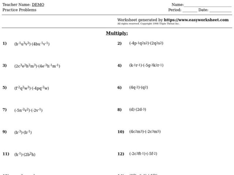 Multiply Exponents Worksheet