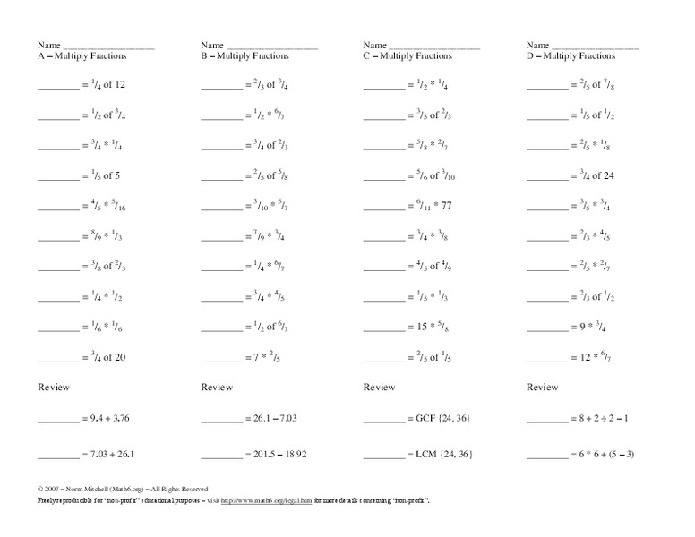 Multiply fractions Worksheet