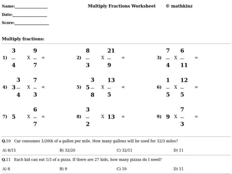 Multiply Fractions Worksheet Worksheet