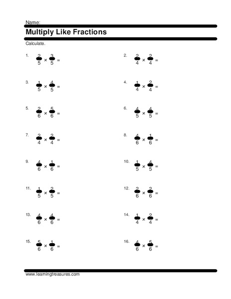 Multiply Like Fractions Worksheet
