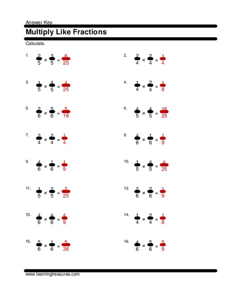 Multiply Like Fractions Worksheet
