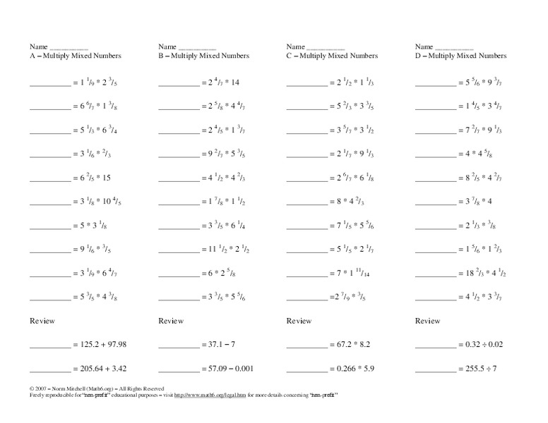 Multiply mixed numbers Worksheet