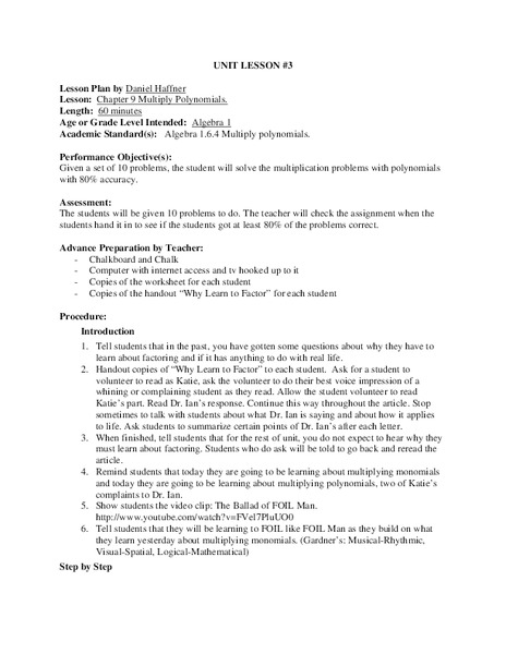 Multiply Polynomials Lesson Plan