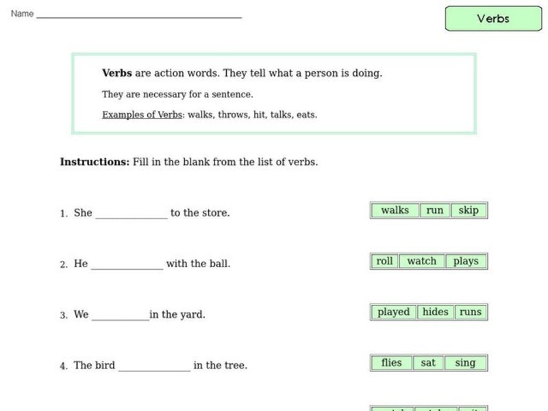 Action Verbs Worksheet