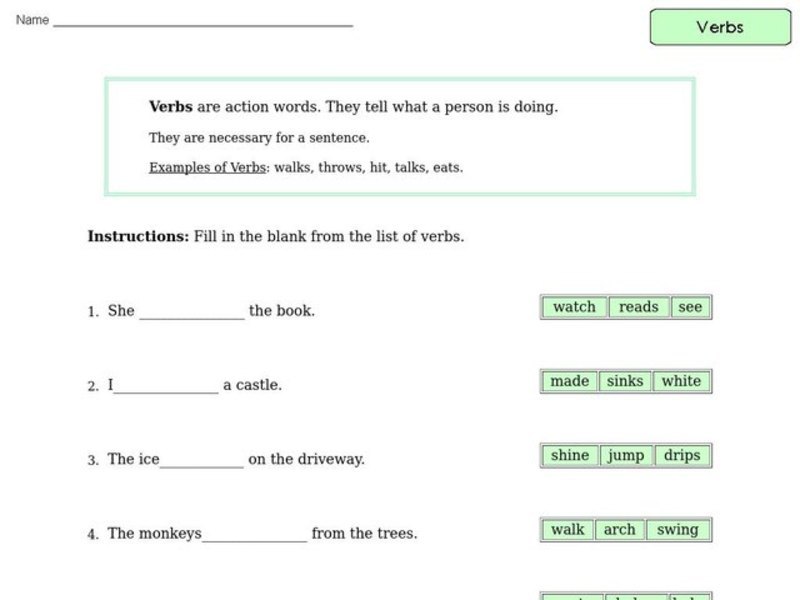 Action Verbs Worksheet