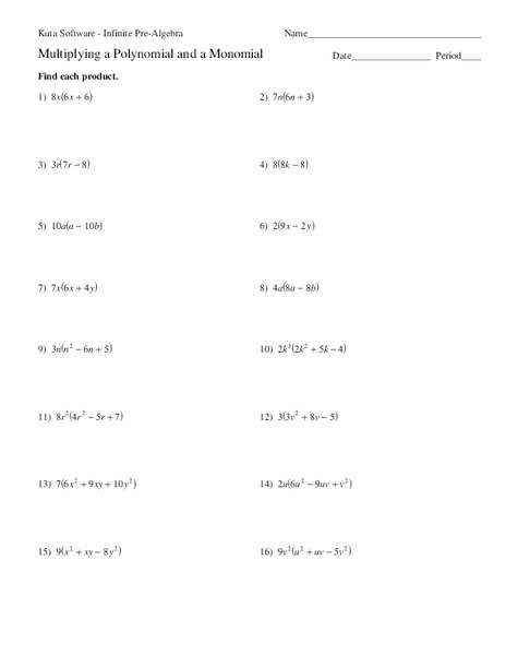 Multiplying a Polynomial and a Monomial Worksheet