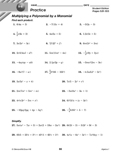 Multiplying a Polynomial by a Monomial Worksheet