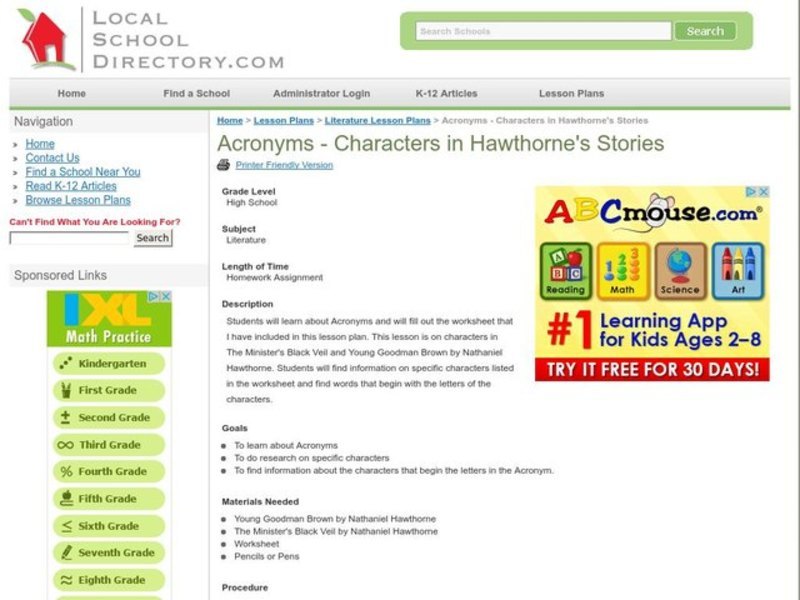 Acronyms - Characters in Hawthorne's Stories Lesson Plan