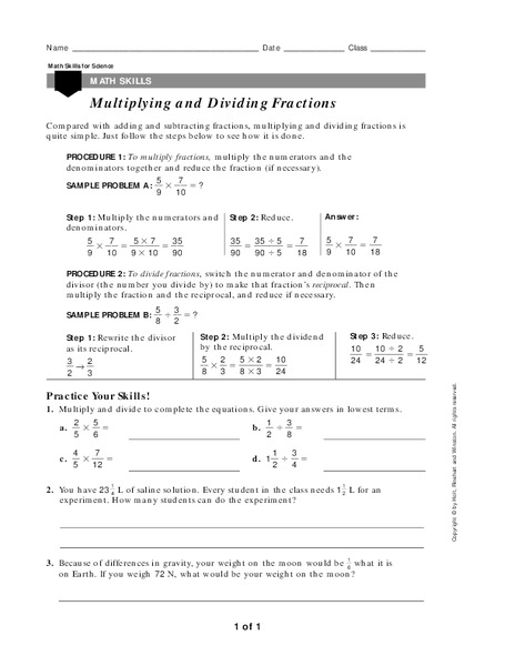Multiplying and Dividing Fractions Worksheet