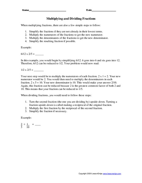 Multiplying and Dividing Fractions Worksheet