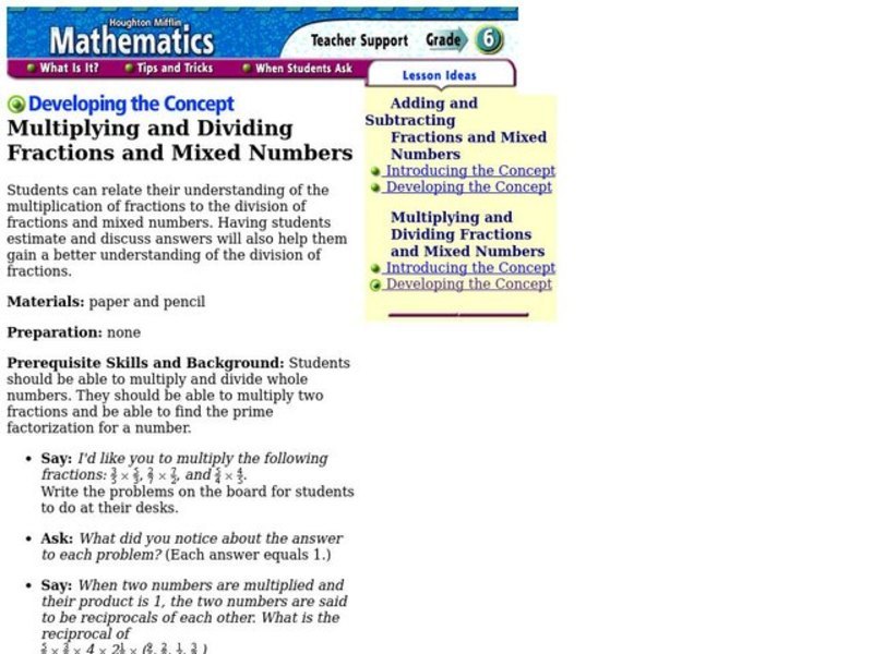 Multiplying and Dividing Fractions and Mixed Numbers Lesson Plan