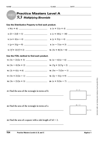Multiplying Binomials Worksheet