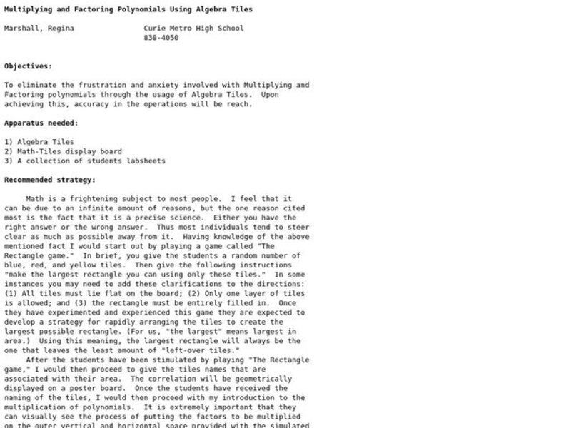 Multiplying and Factoring Polynomials Using Algebra Tiles Lesson Plan