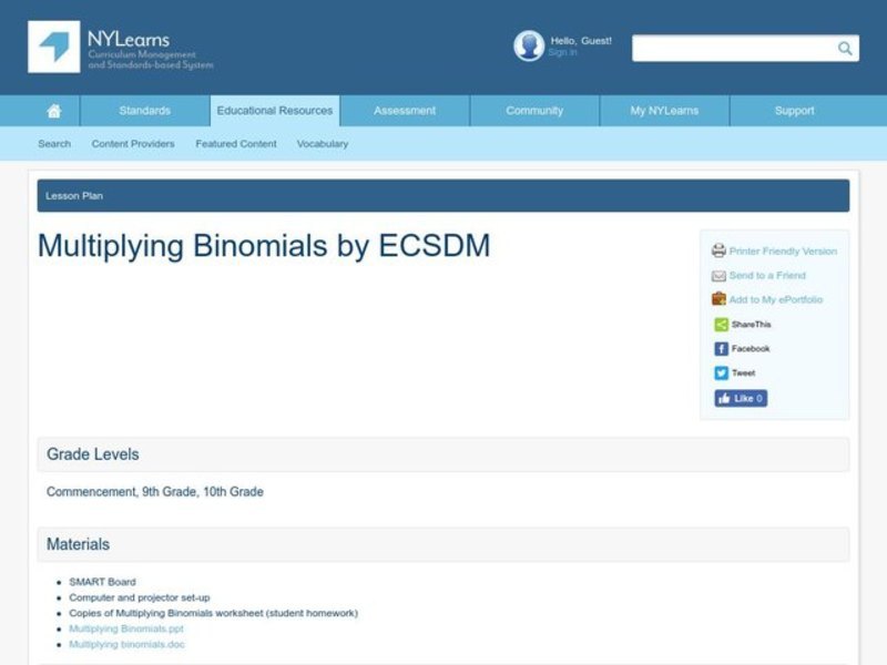 Multiplying Binomials Lesson Plan