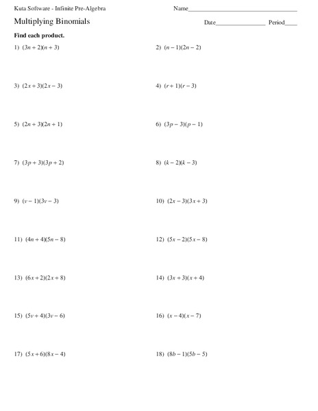 Multiplying Binomials Worksheet