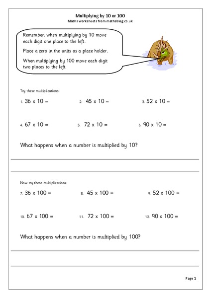 Multiplying by 10 or 100 Worksheet