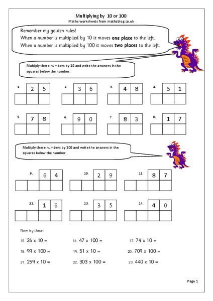 Multiplying by 10 or 100 Worksheet