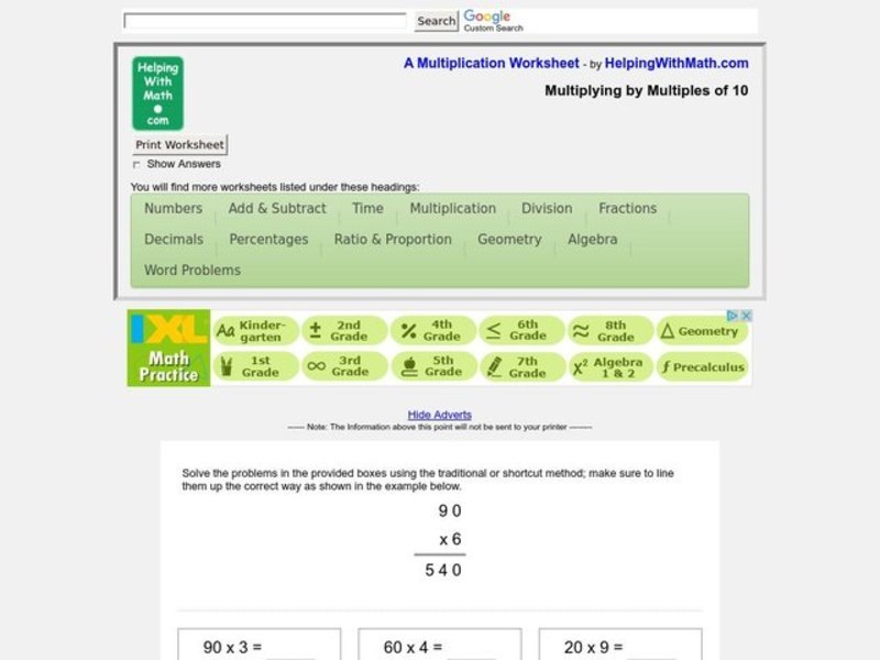 Multiplying by Multiples of 10 Interactive