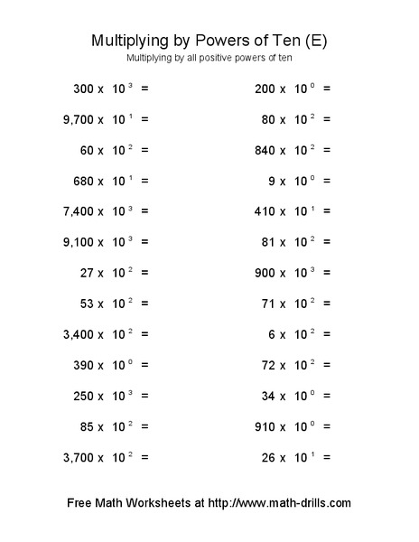 Multiplying by Powers of Ten (E) Worksheet