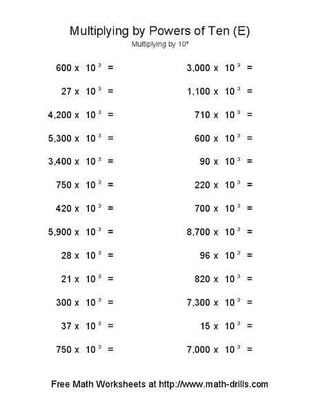 Multiplying By Powers of Ten (E) Worksheet