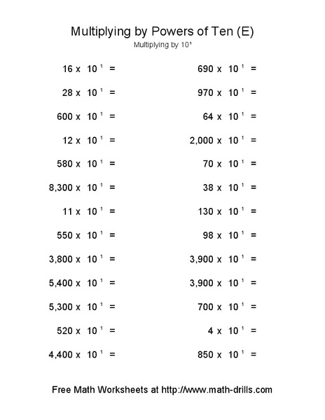 Multiplying by Powers of Ten (E) Worksheet