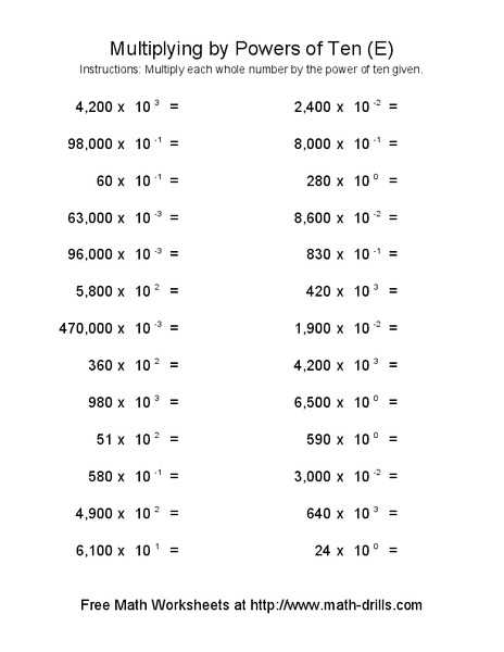 Multiplying By Powers of Ten E Worksheet