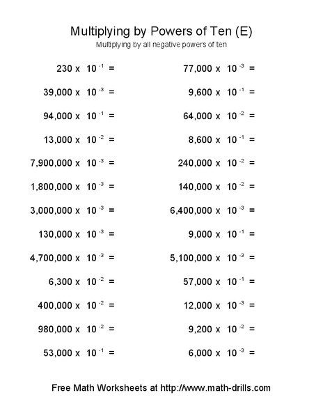 Multiplying By Powers of Ten E Worksheet